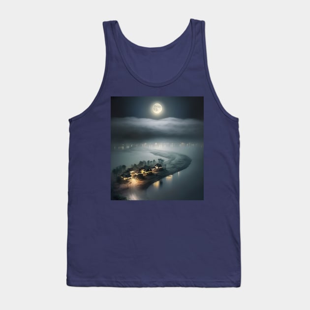 A view from sky of a full moon floating over clouds overlooking beach village Tank Top by UmagineArts